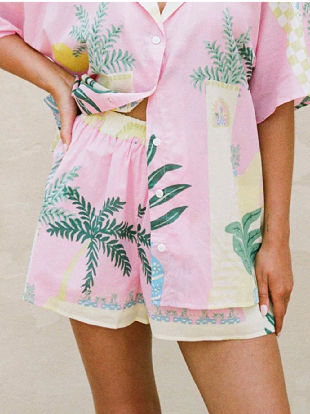 Sabo Seona Tropical Vista Pink Print Cotton Shorts